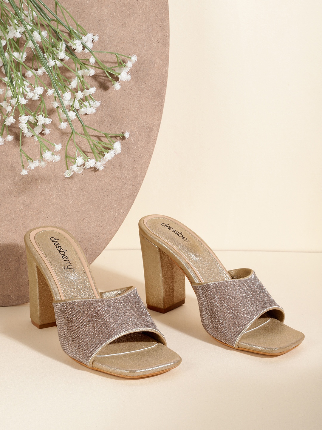 

DressBerry Women Gold-Toned Embellished Block Sandals