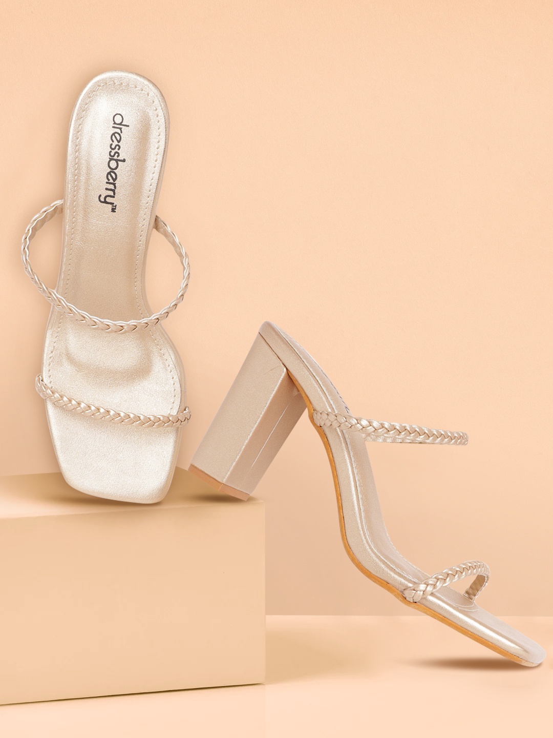 

DressBerry Women Muted Gold-Toned Braided Woven Design Block Heels
