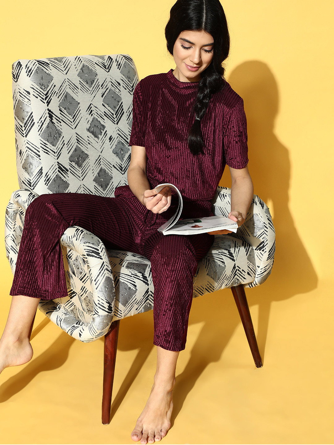 

Clovia Women Deep Burgundy Solid Velvet Set Night Suit