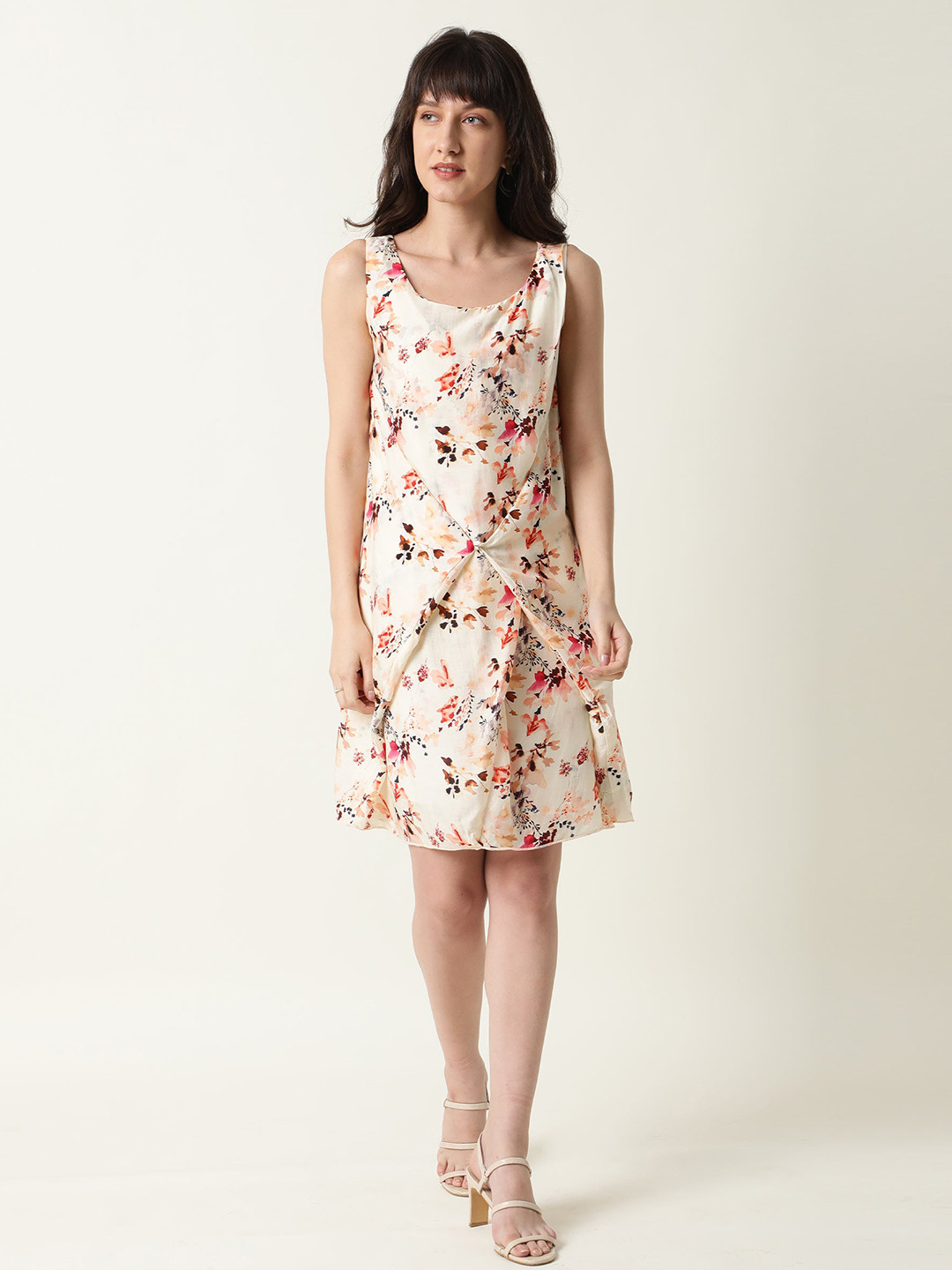 

RAREISM Beige Cotton Floral A-Line Dress