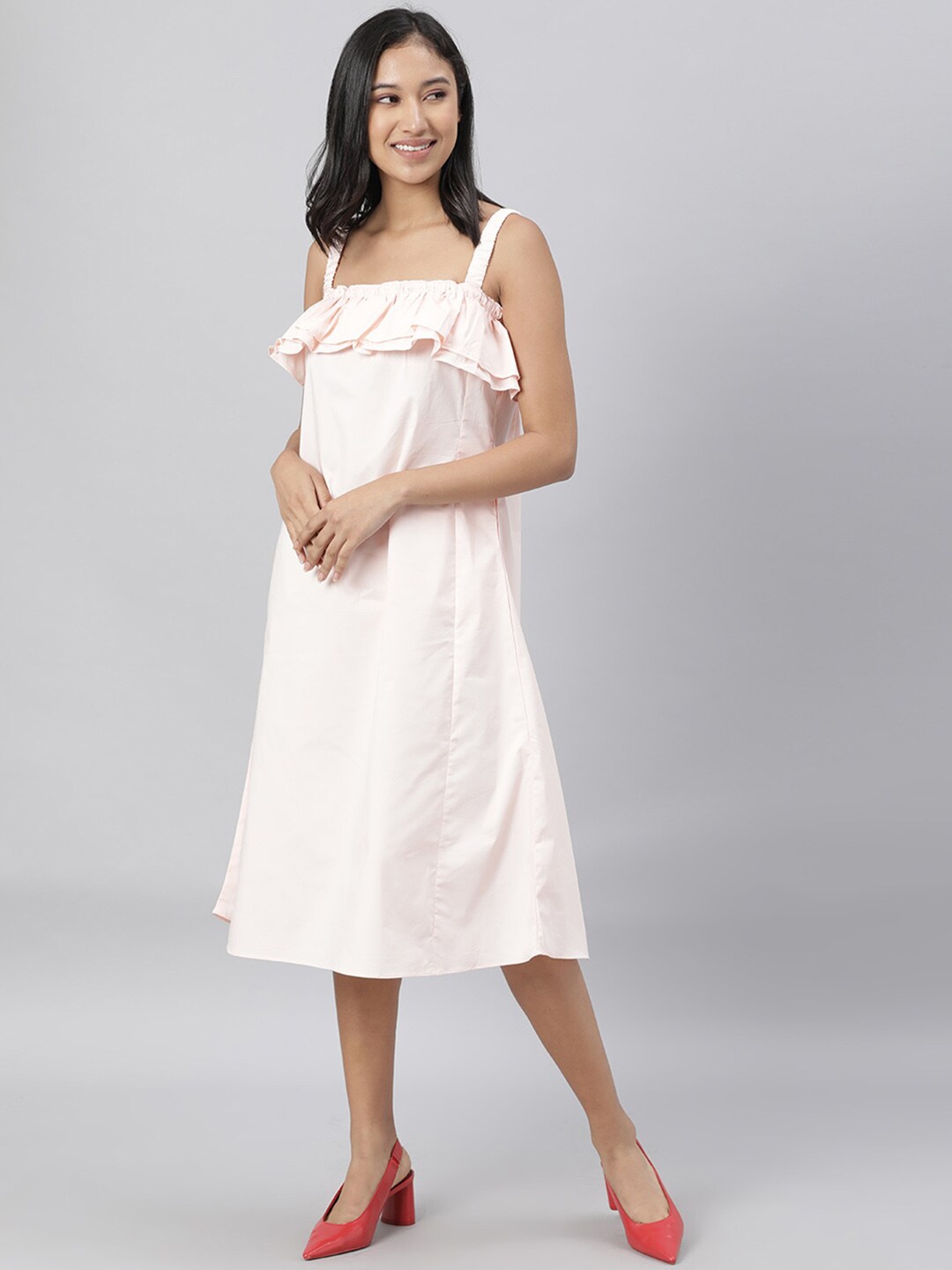 

RAREISM Pink Solid A-Line Sleeveless Dress