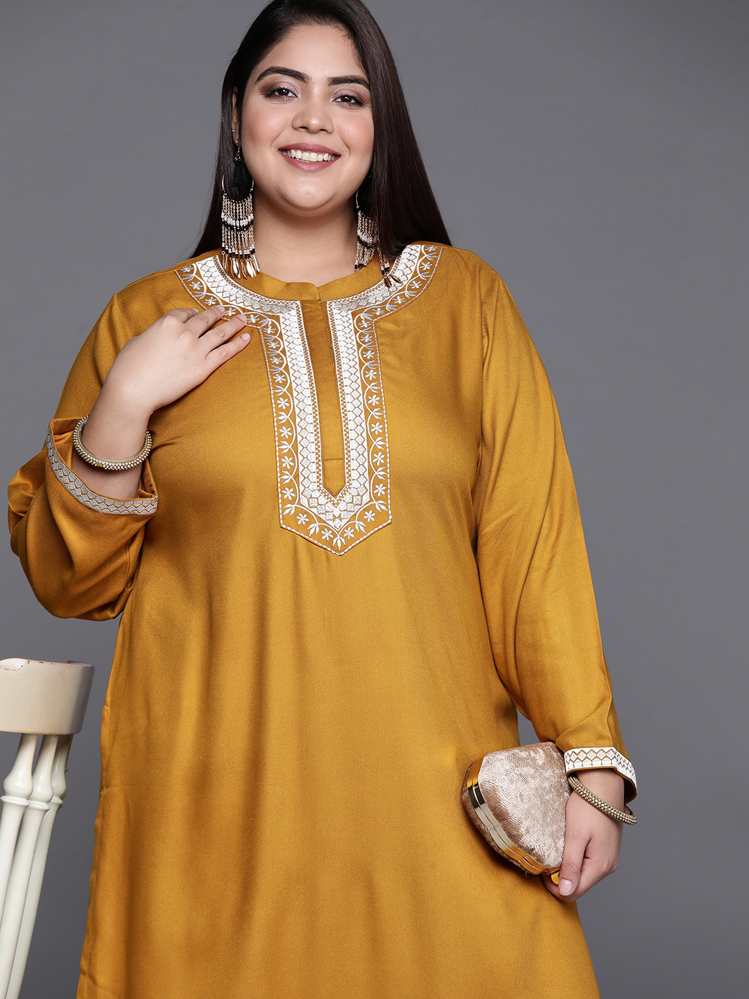 

EXTRA LOVE BY LIBAS Plus Size Women Mustard Yellow Floral Yoke Design Kurta