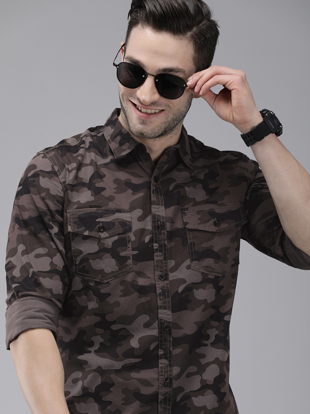 

THE BEAR HOUSE Men Olive Brown Slim Fit Camouflage Printed Pure Cotton Casual Shirt