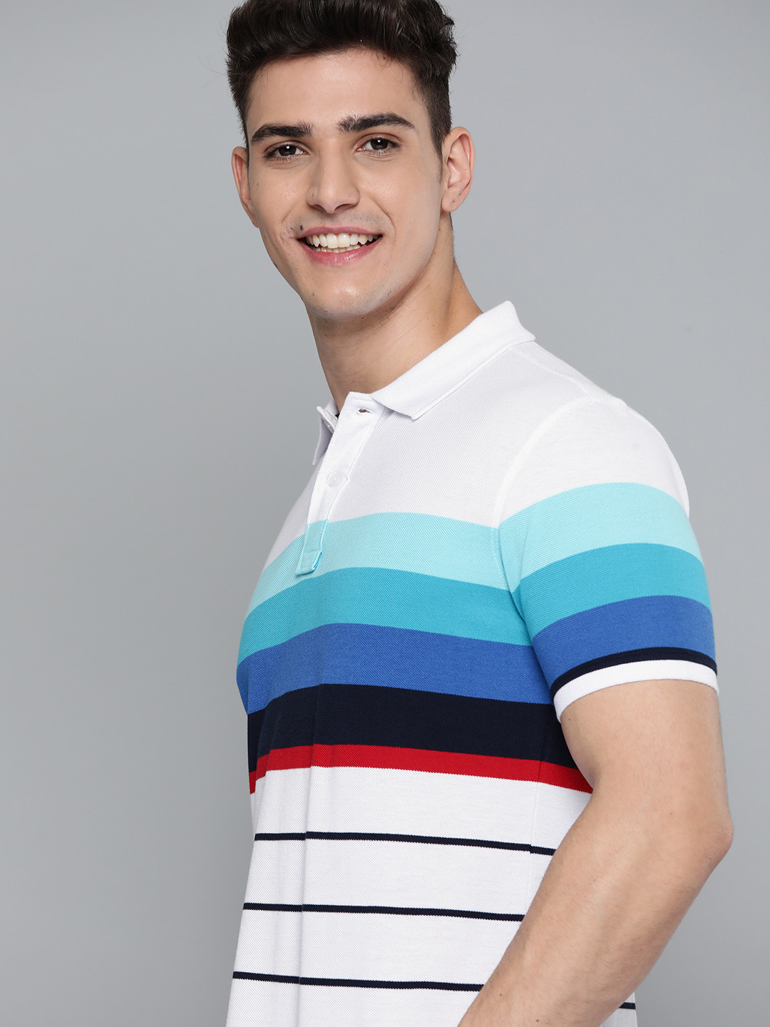 

Mast & Harbour Men White & Blue Striped Polo Collar T-shirt