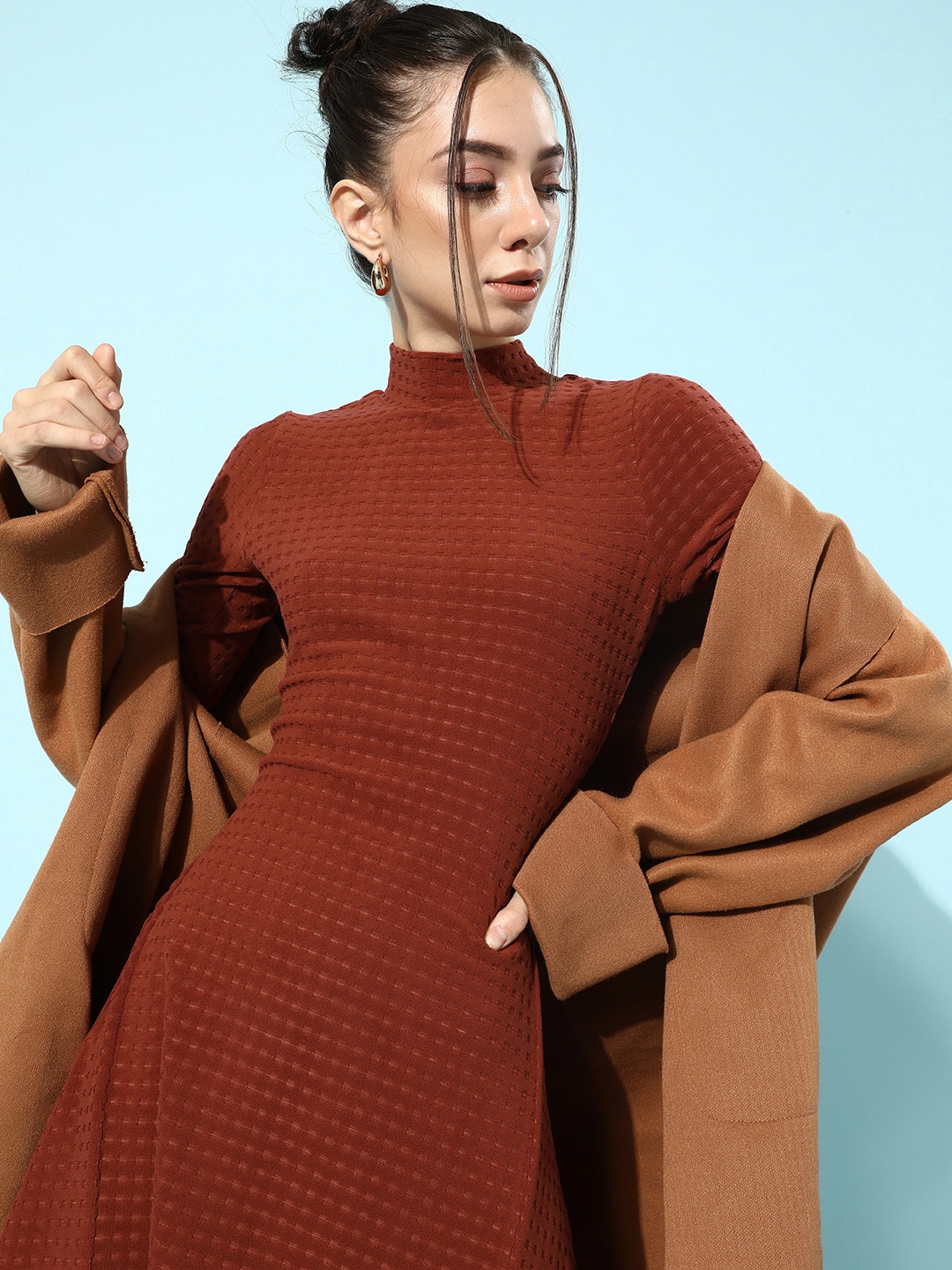 

KASSUALLY Women Chic Brown Solid Knitted Dress