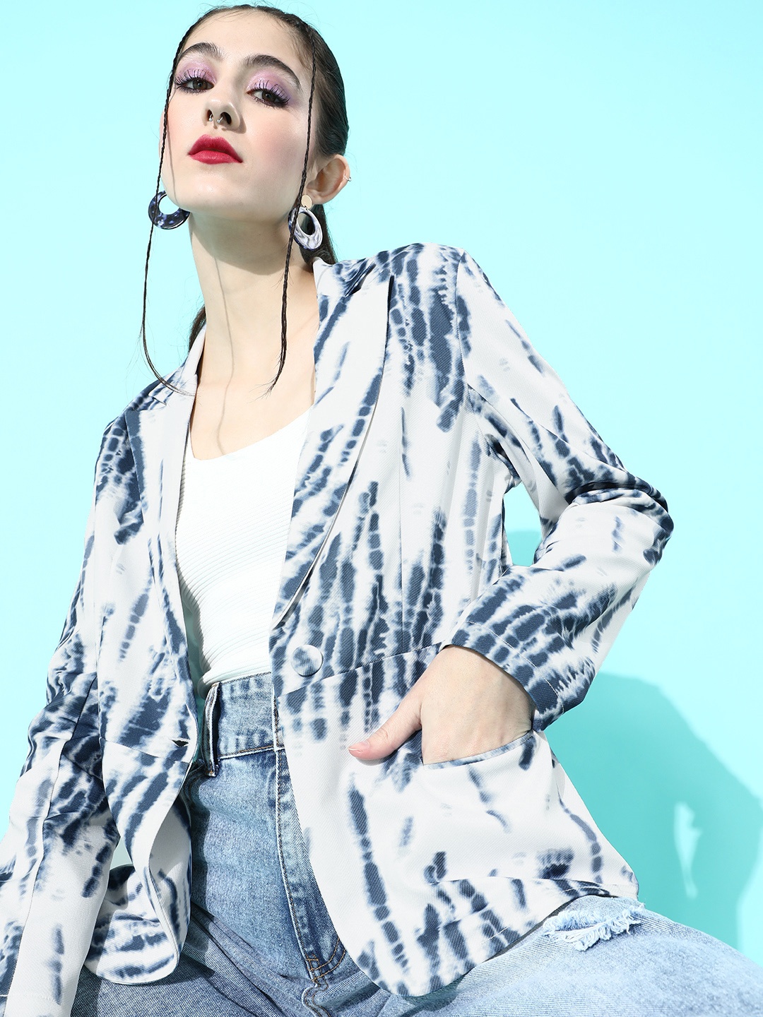 

KASSUALLY Women Blue & White Tie-Dye Printed Single-Breasted Blazer