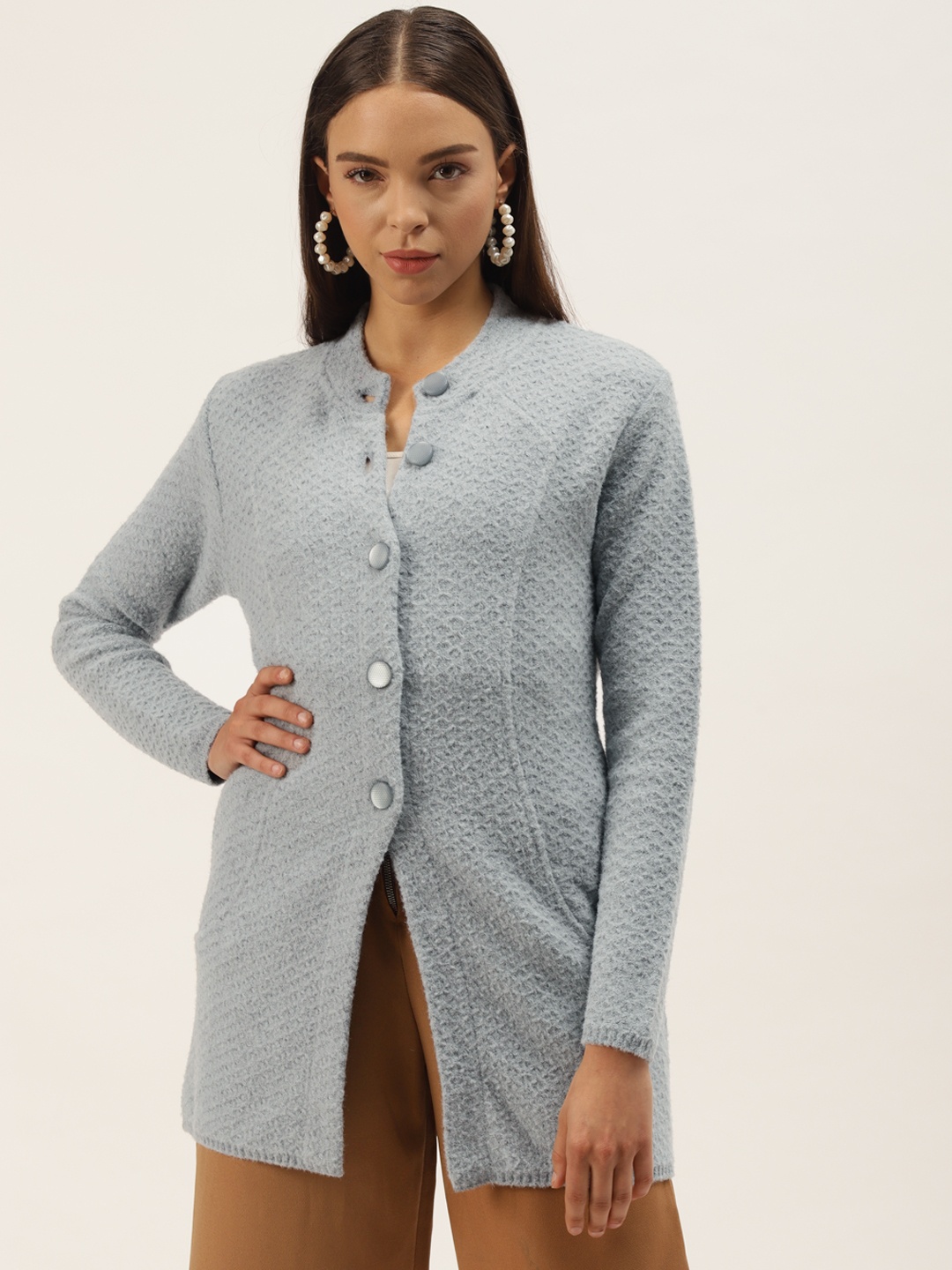 

BROOWL Women Grey Self Design Over Coat