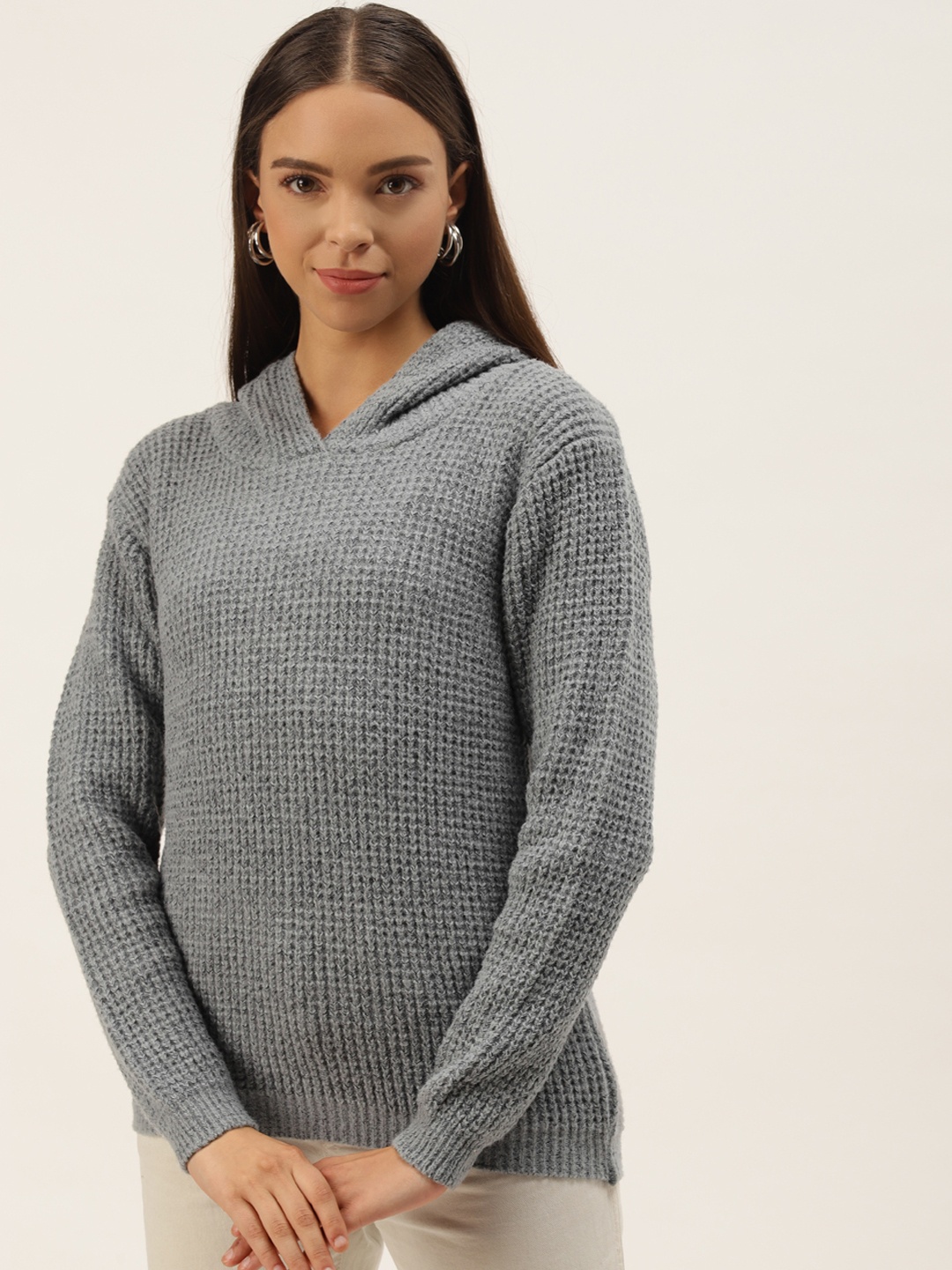 

BROOWL Women Grey Melange Solid High Neck Pullover