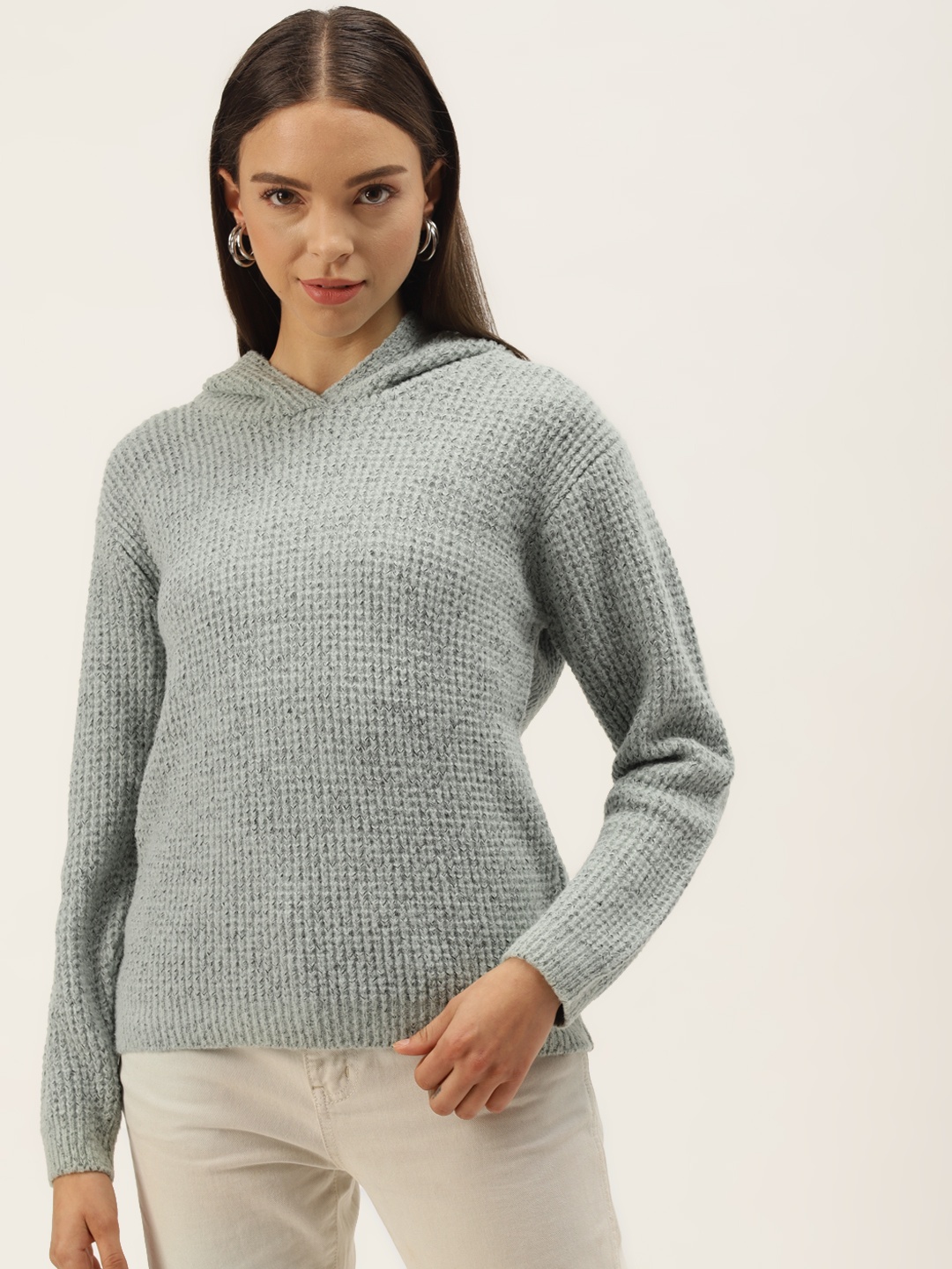 

BROOWL Women Grey Hooded Woollen Pullover