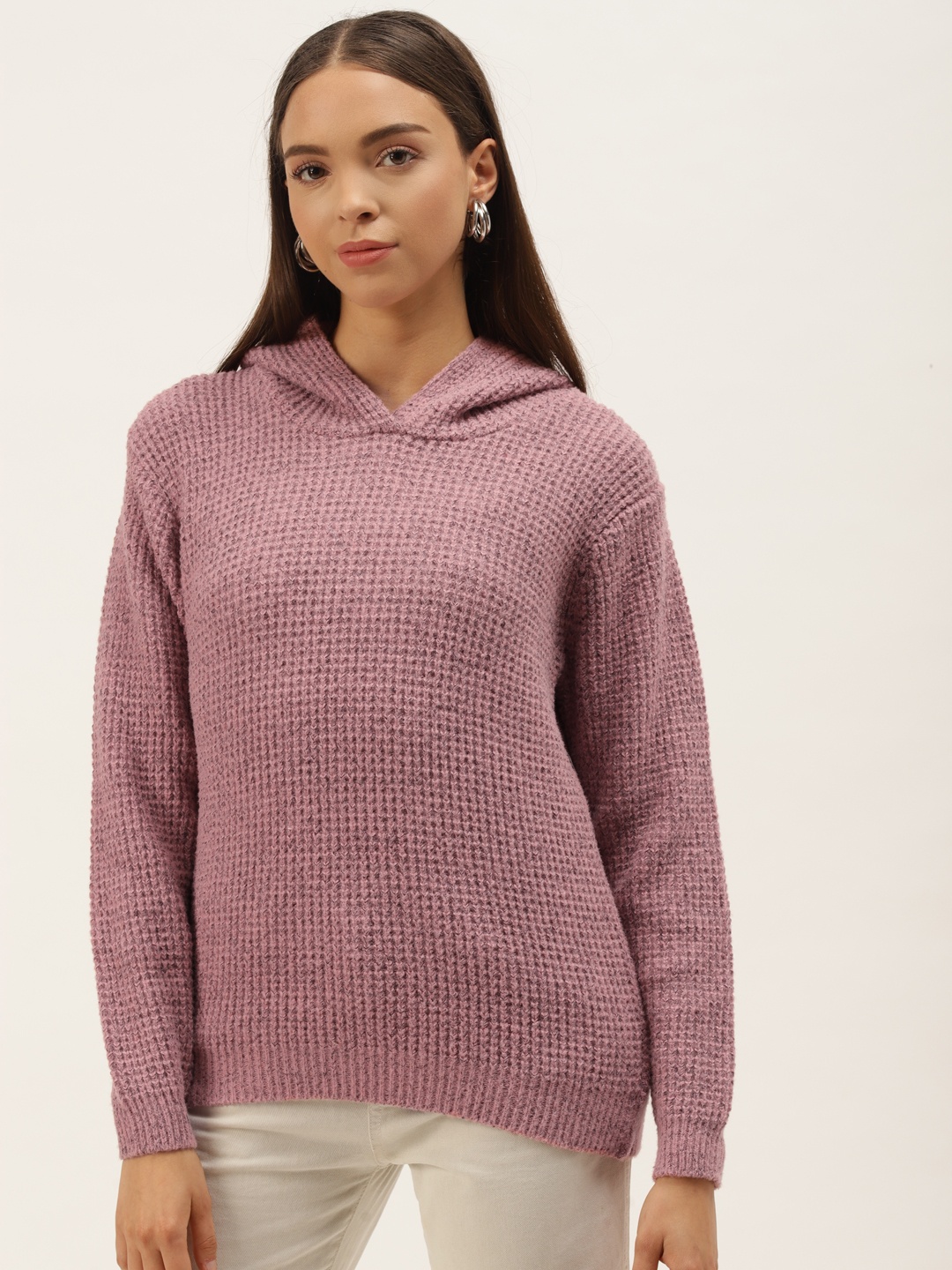 

BROOWL Women Pink Woollen Hooded Pullover