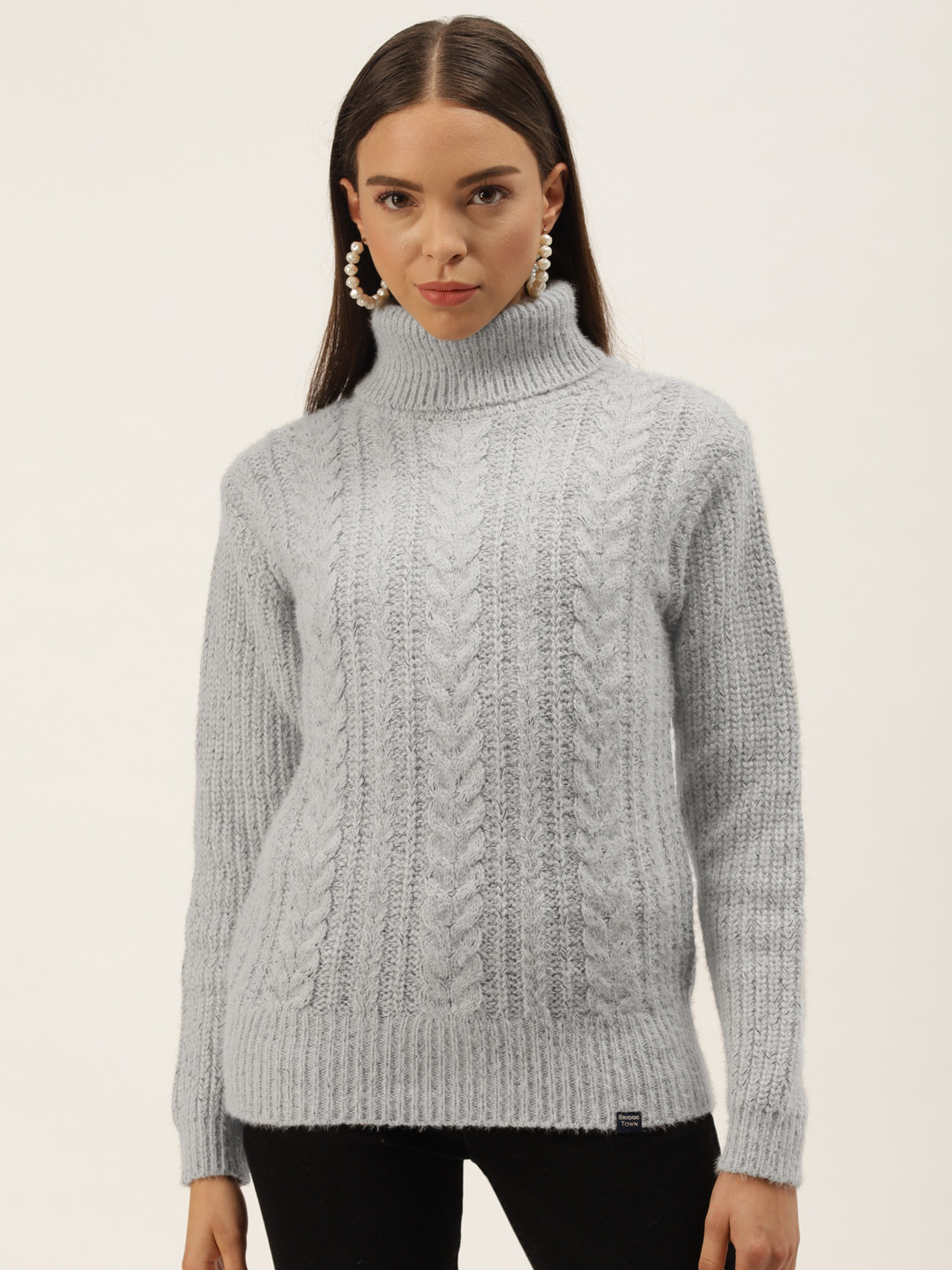 

BROOWL Women Grey Cable Knit Woollen Pullover