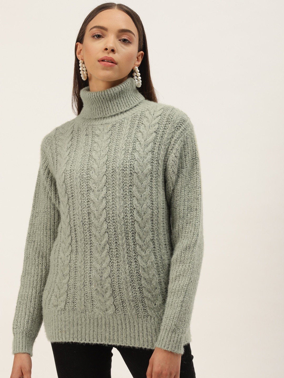 

BROOWL Women Olive Green Woollen Cable Knit Pullover