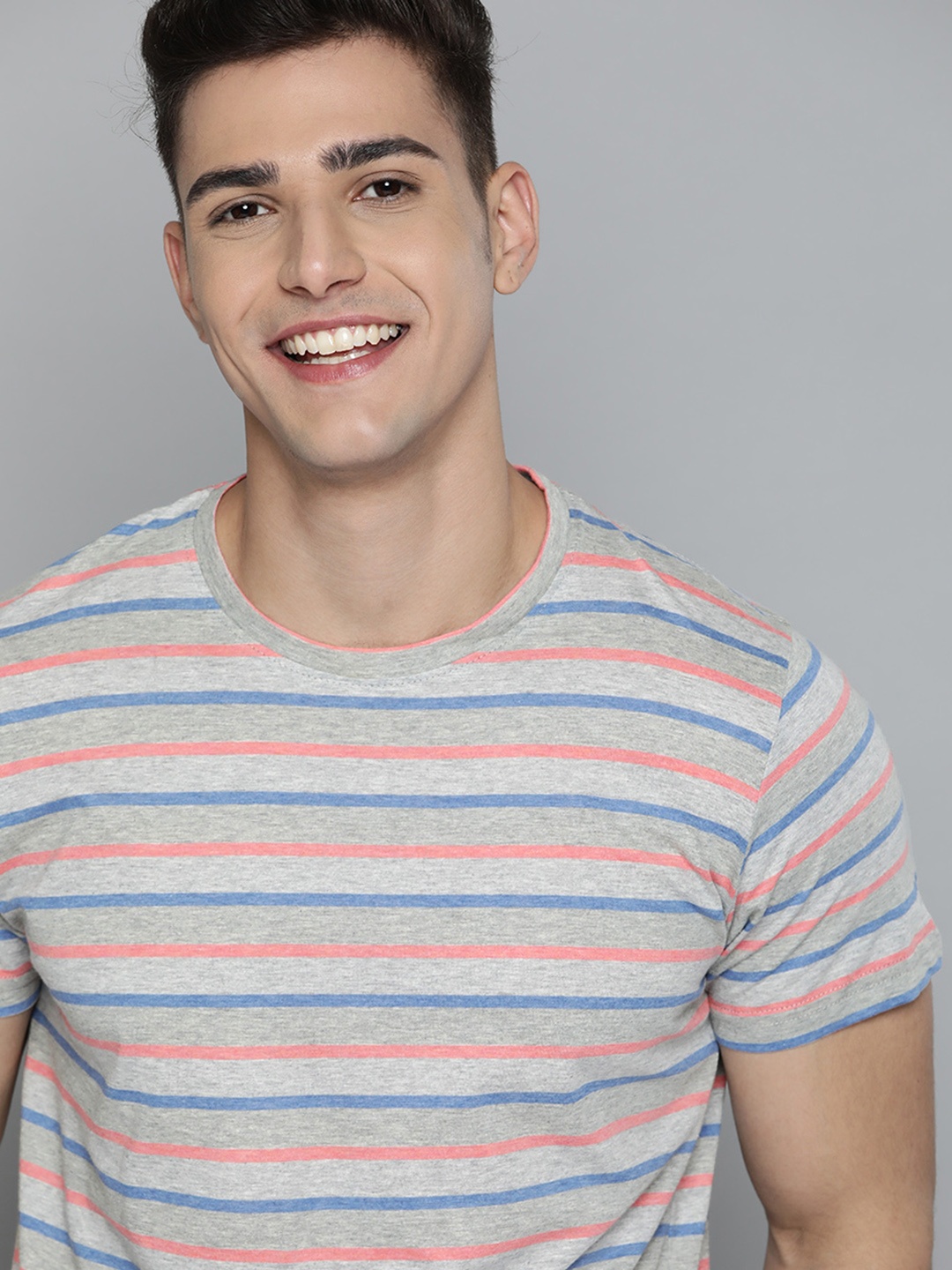 

Mast & Harbour Men Grey Melange & Blue Striped Pure Cotton T-shirt
