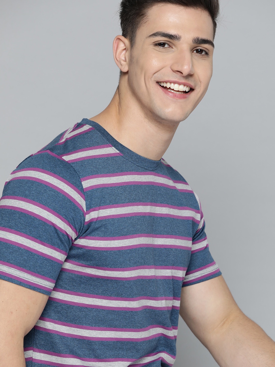 

Mast & Harbour Men Blue & Grey Melange Striped Pure Cotton T-shirt