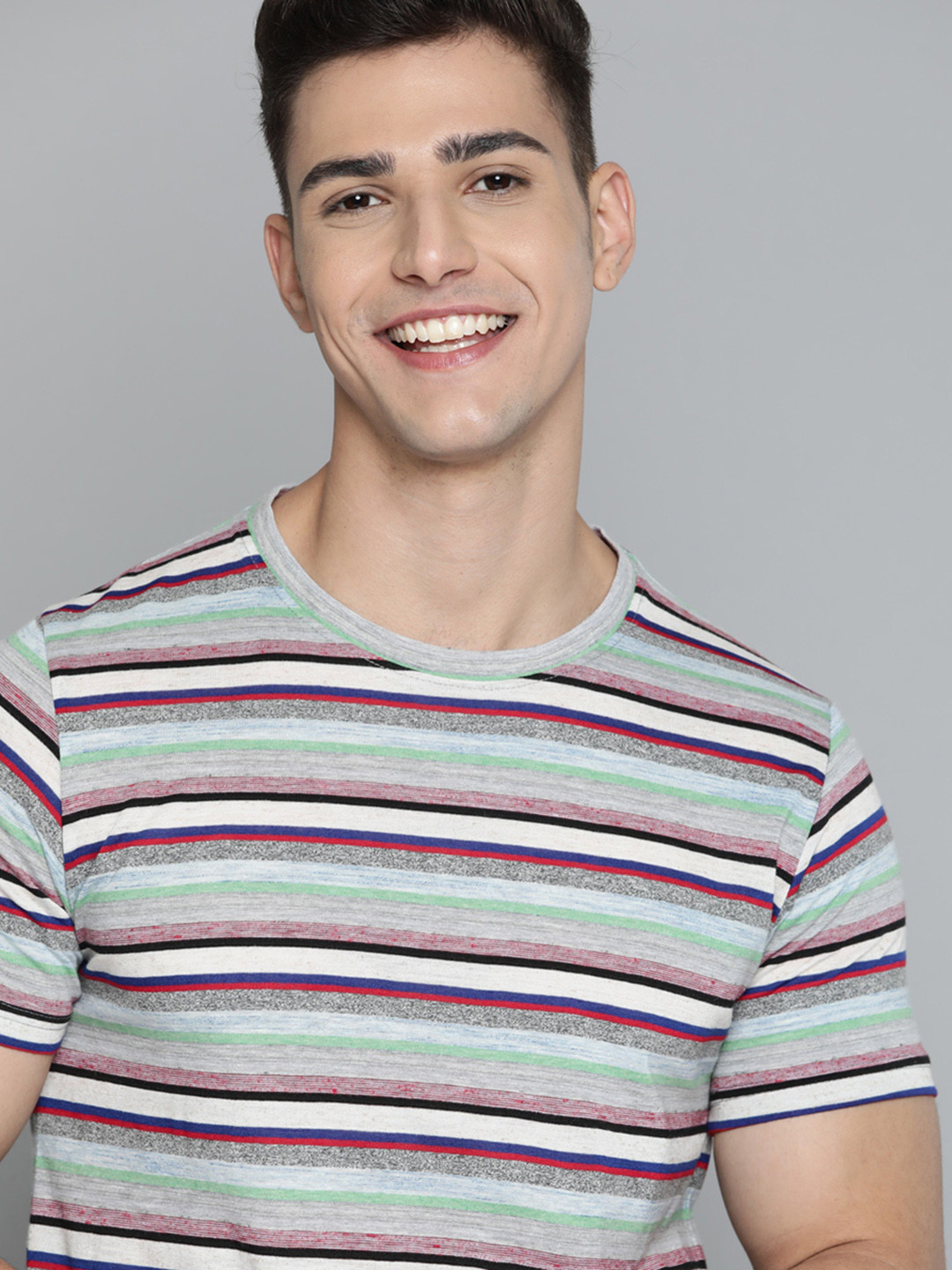 

Mast & Harbour Men Off White & Red Striped Pure Cotton T-shirt