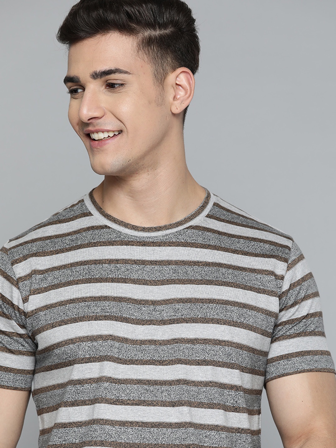 

Mast & Harbour Men Grey & Brown Striped Pure Cotton T-shirt