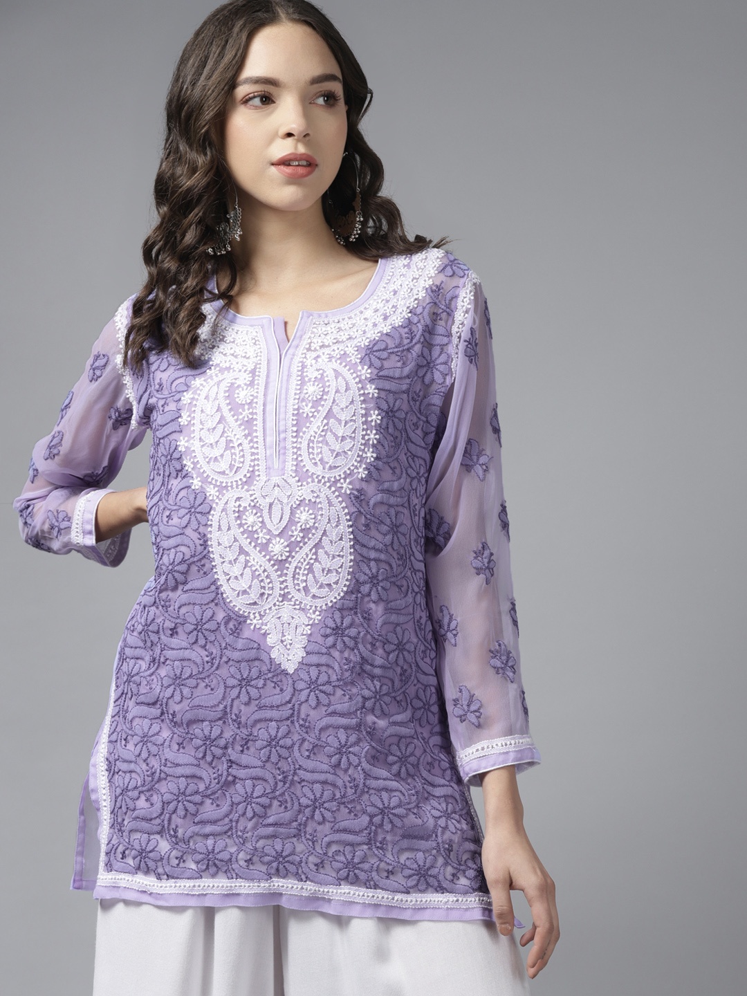 

ADA Women Mauve & White Embroidered Chikankari Handloom Handloom Kurti with Matching Slip