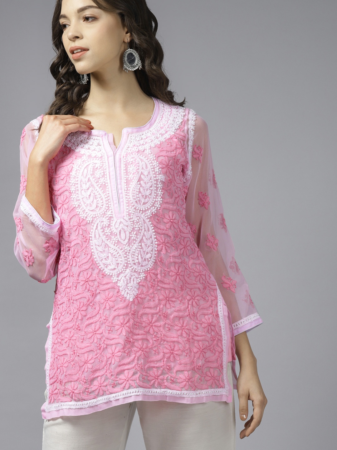 

ADA Pink & White Ethnic Motifs Embroidered Chikankari Kurti With Matching Slip