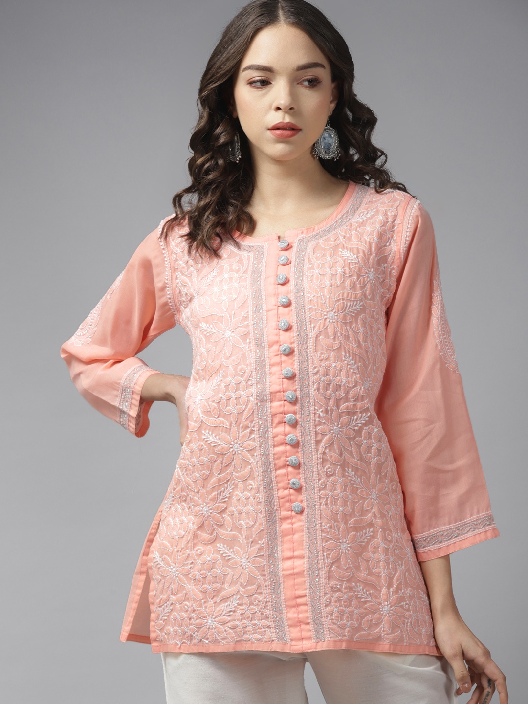 

ADA Peach-Coloured & White Floral Embroidered Chikankari Handloom Kurti