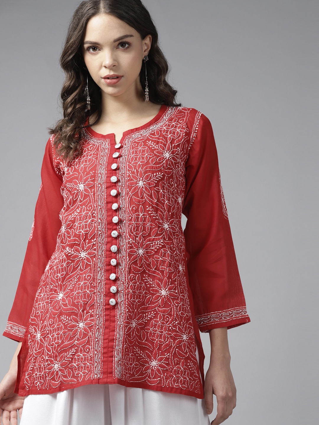 

ADA Red & White Floral Embroidered Chikankari Handloom Kurti