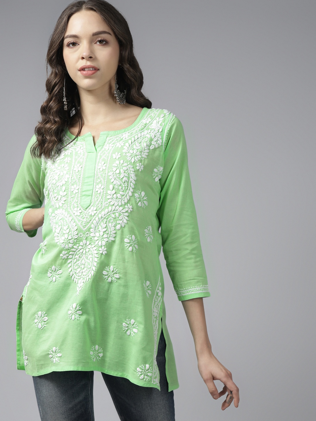 

ADA Green & White Ethnic Motifs Embroidered Chikankari Kurti