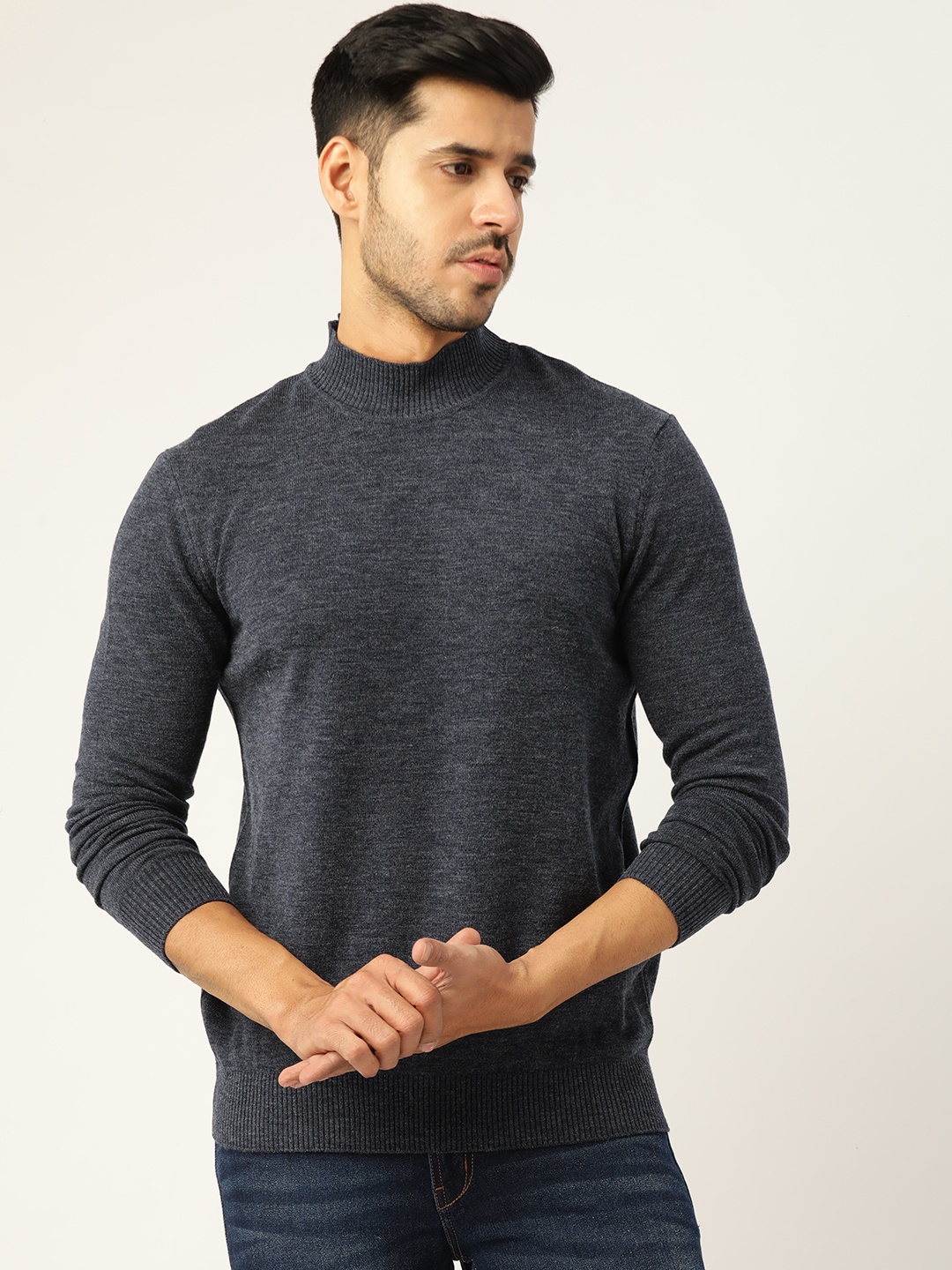 

ARMISTO Men Blue Solid High Neck Wool Pullover Sweater