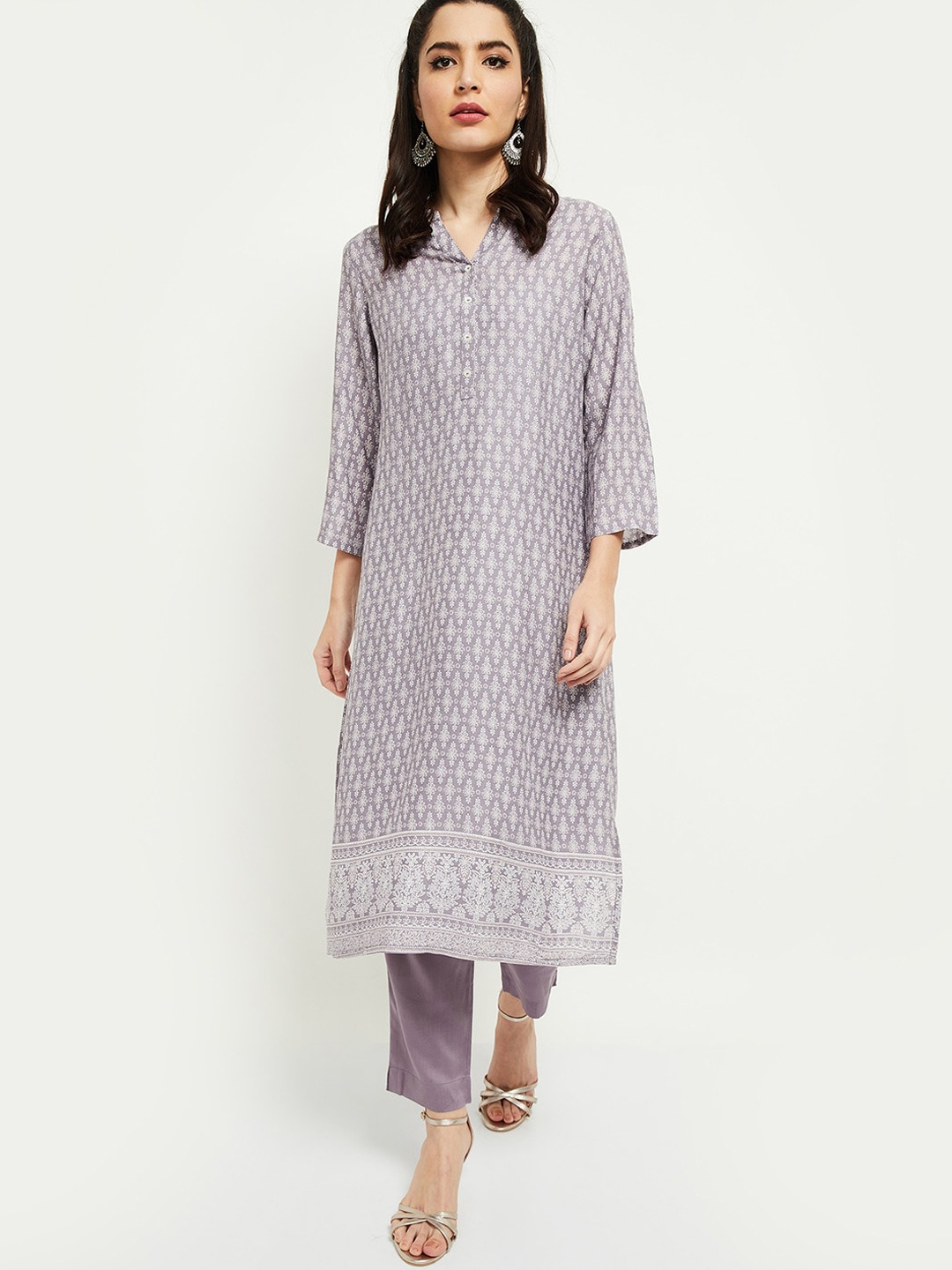 

max Women Grey Ethnic Motifs Printed Regular Kurta with Trousers