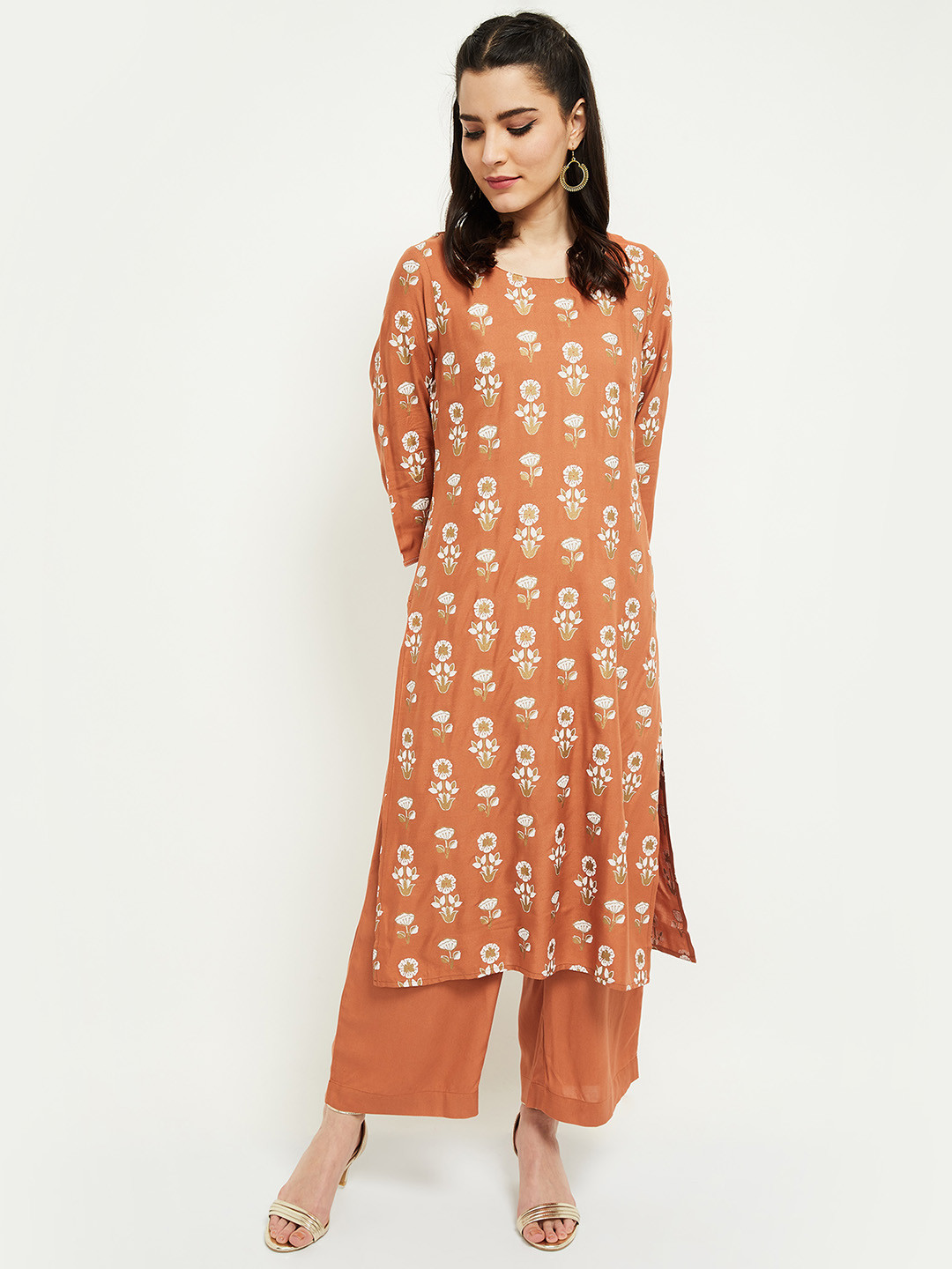 

max Women Rust Orange Ethnic Motifs Printed Kurta with Palazzos