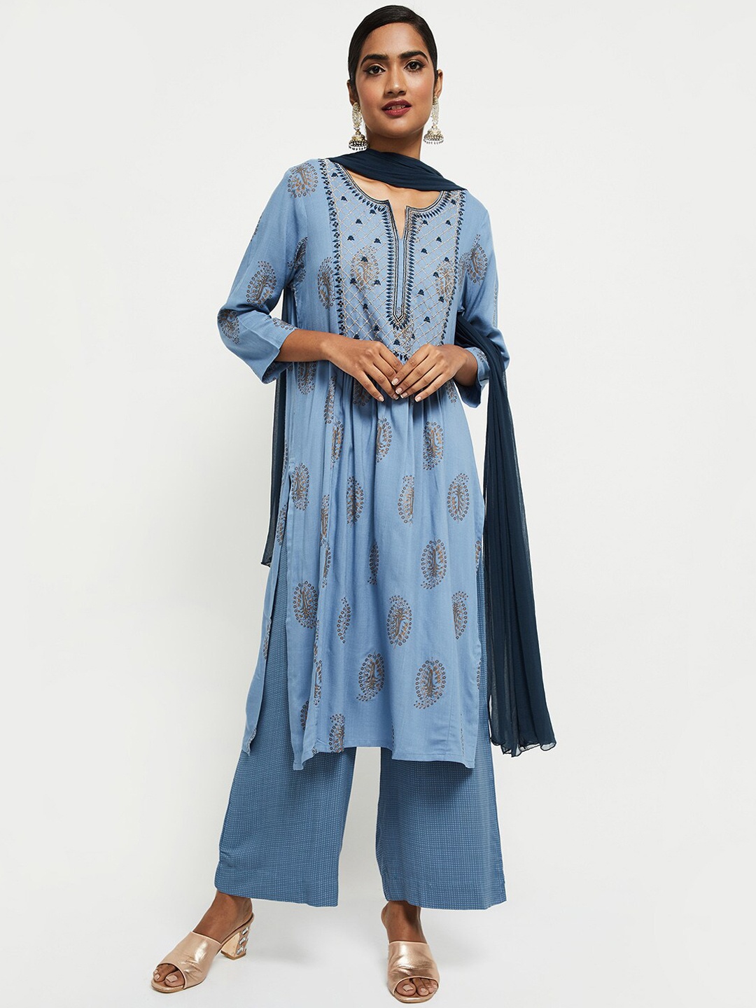 

max Women Blue Floral Embroidered Regular Kurta with Palazzos & Dupatta