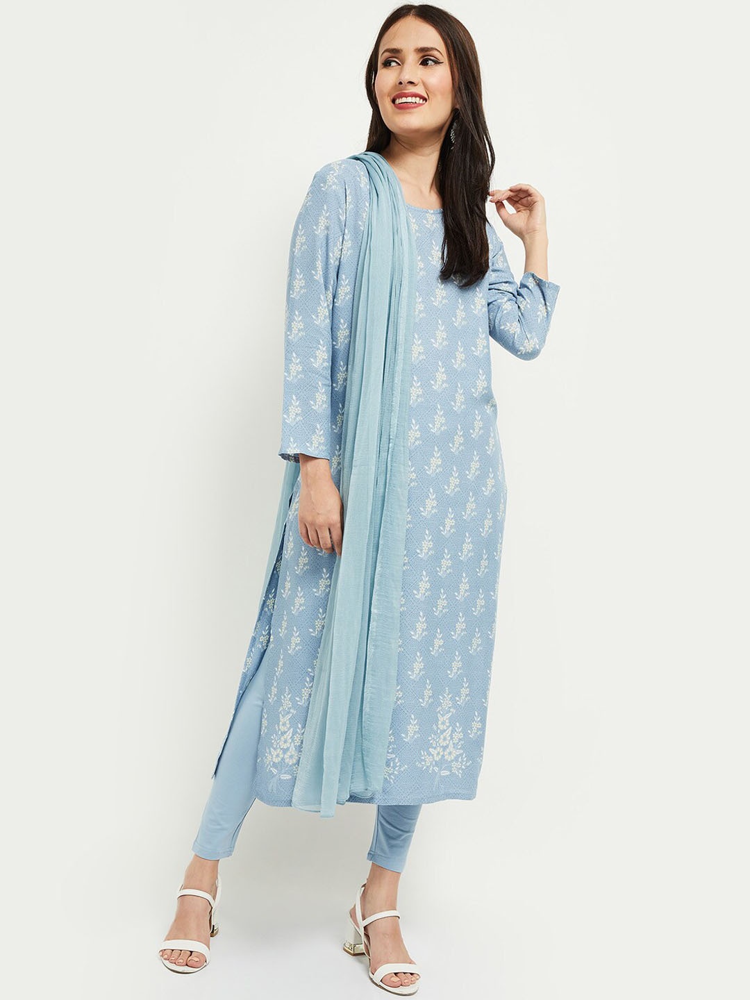 

max Women Blue Ethnic Motifs Printed Regular Kurta with Trousers & With Dupatta