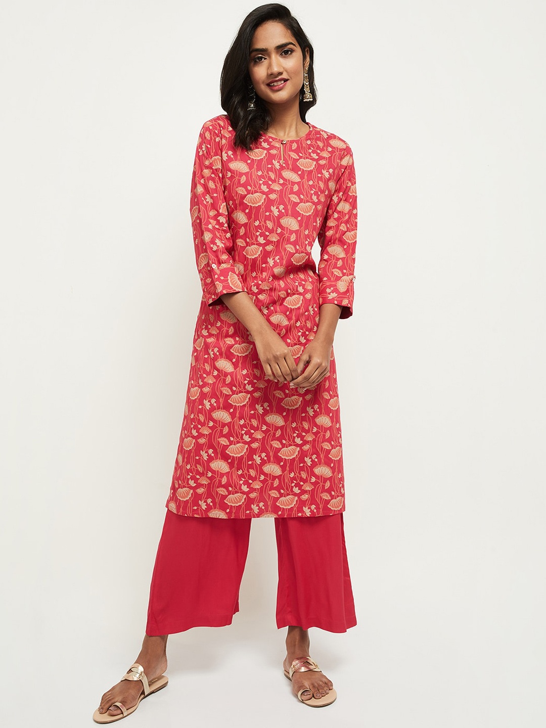 

max Women Fuchsia & Beige Floral Printed Regular Kurta With Palazzos