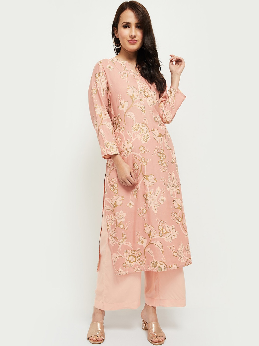 

max Women Peach-Coloured Floral Panelled Kurta with Trousers