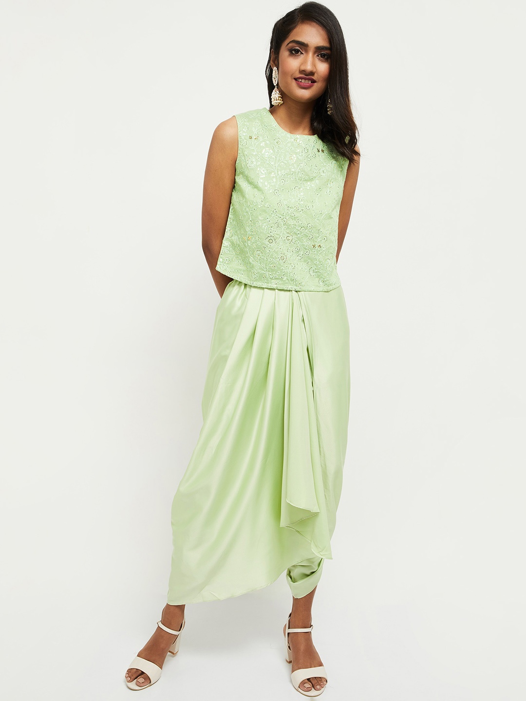 

max Women Green Floral Yoke Design Pleated Kurti with Trousers & With Dupatta