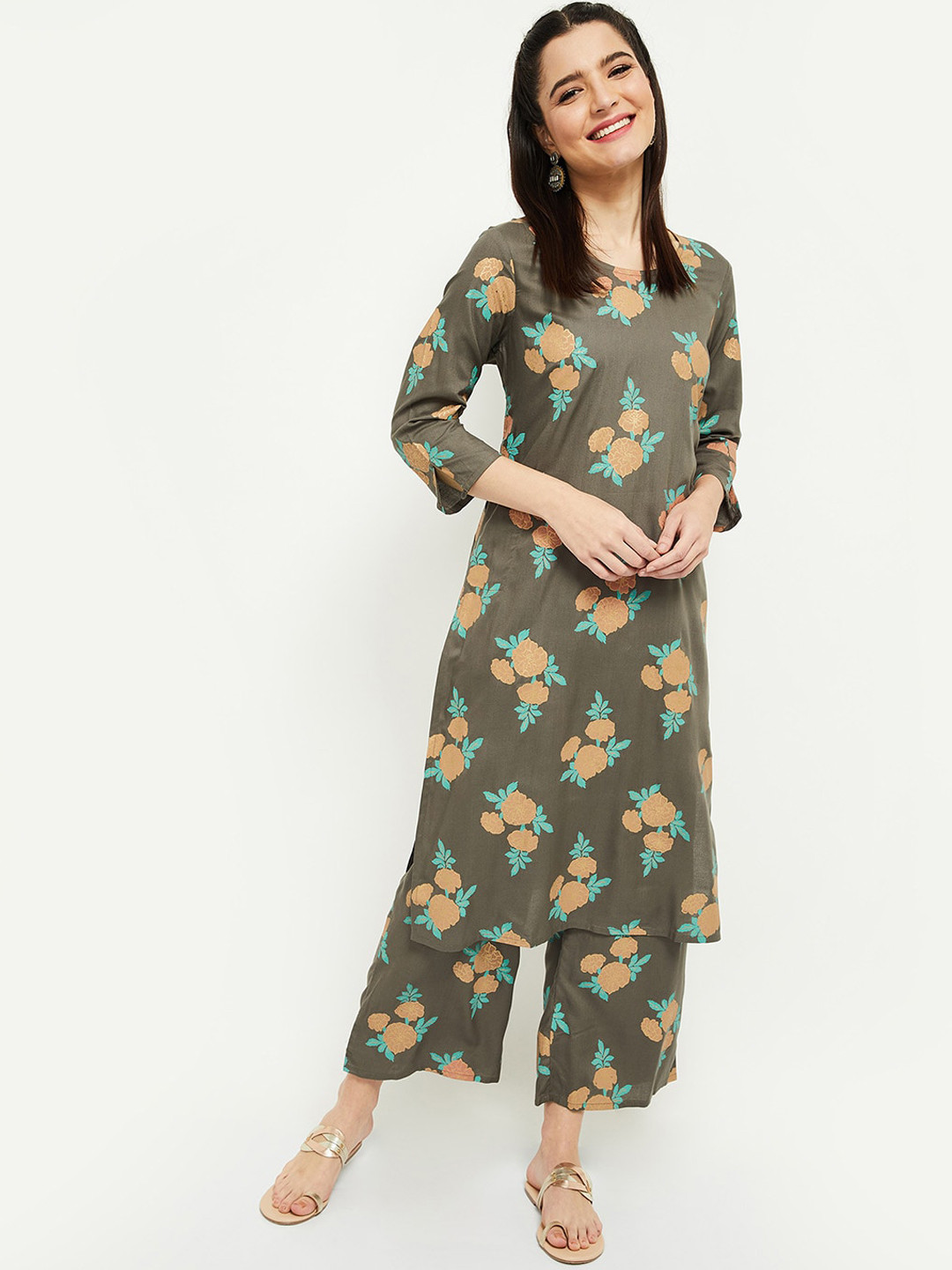 

max Women Brown & Orange Floral Printed Regular Kurta with Palazzos
