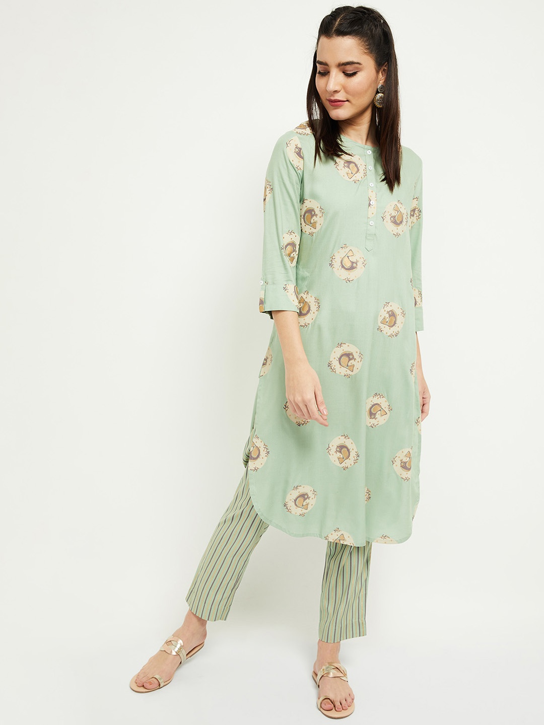 

max Women Green Ethnic Motifs Printed Regular Kurta with Trousers