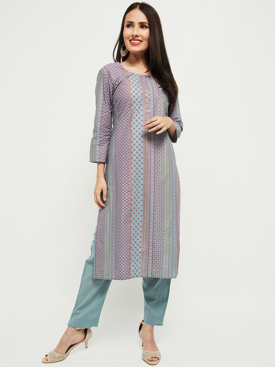 

max Women Teal Striped Regular Pure Cotton Kurta with Trousers