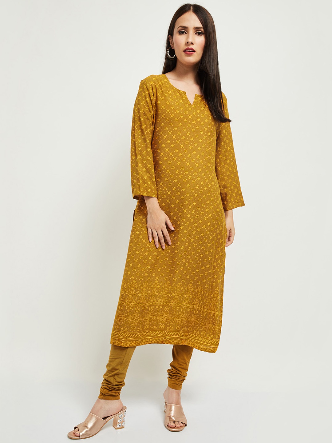 

max Women Brown Printed Regular Kurta with Churidar & With Dupatta