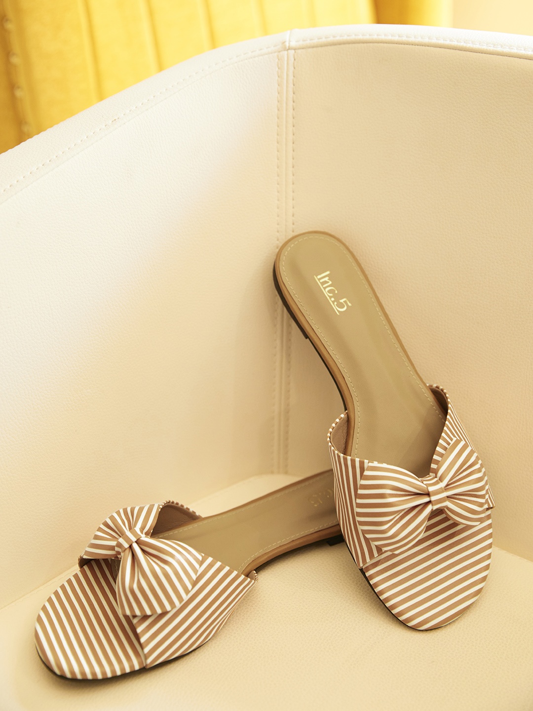 

Inc 5 Women Mustard Yellow & White Striped Open Toe Flats with Bows