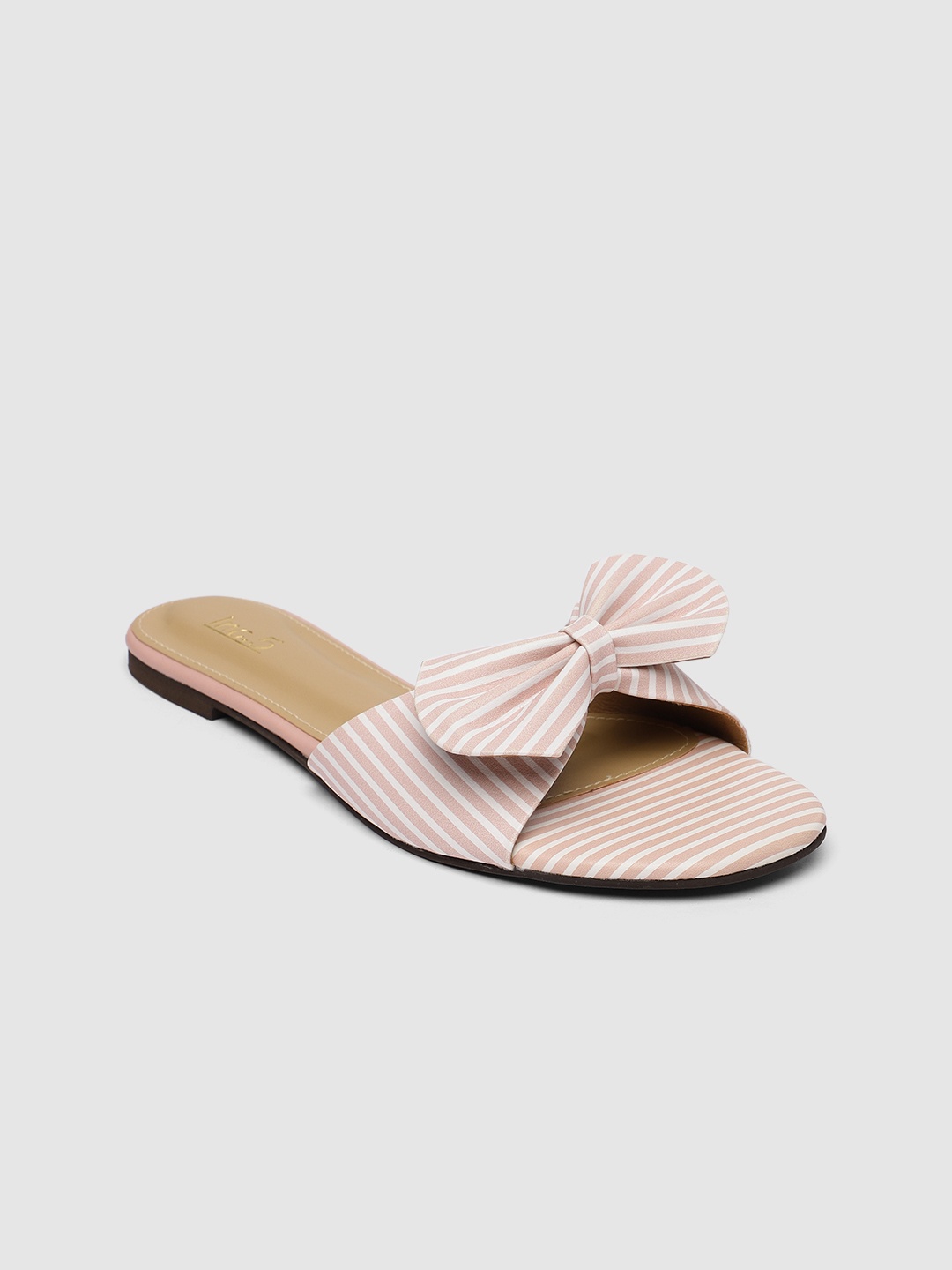 

Inc 5 Women Peach-Coloured & White Striped Open Toe Flats with Bows