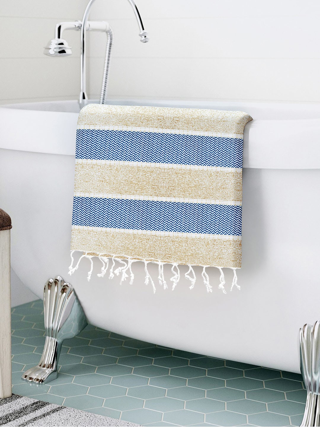 

Story@home Blue & Beige Striped Pure Cotton 200 GSM Bath Towel