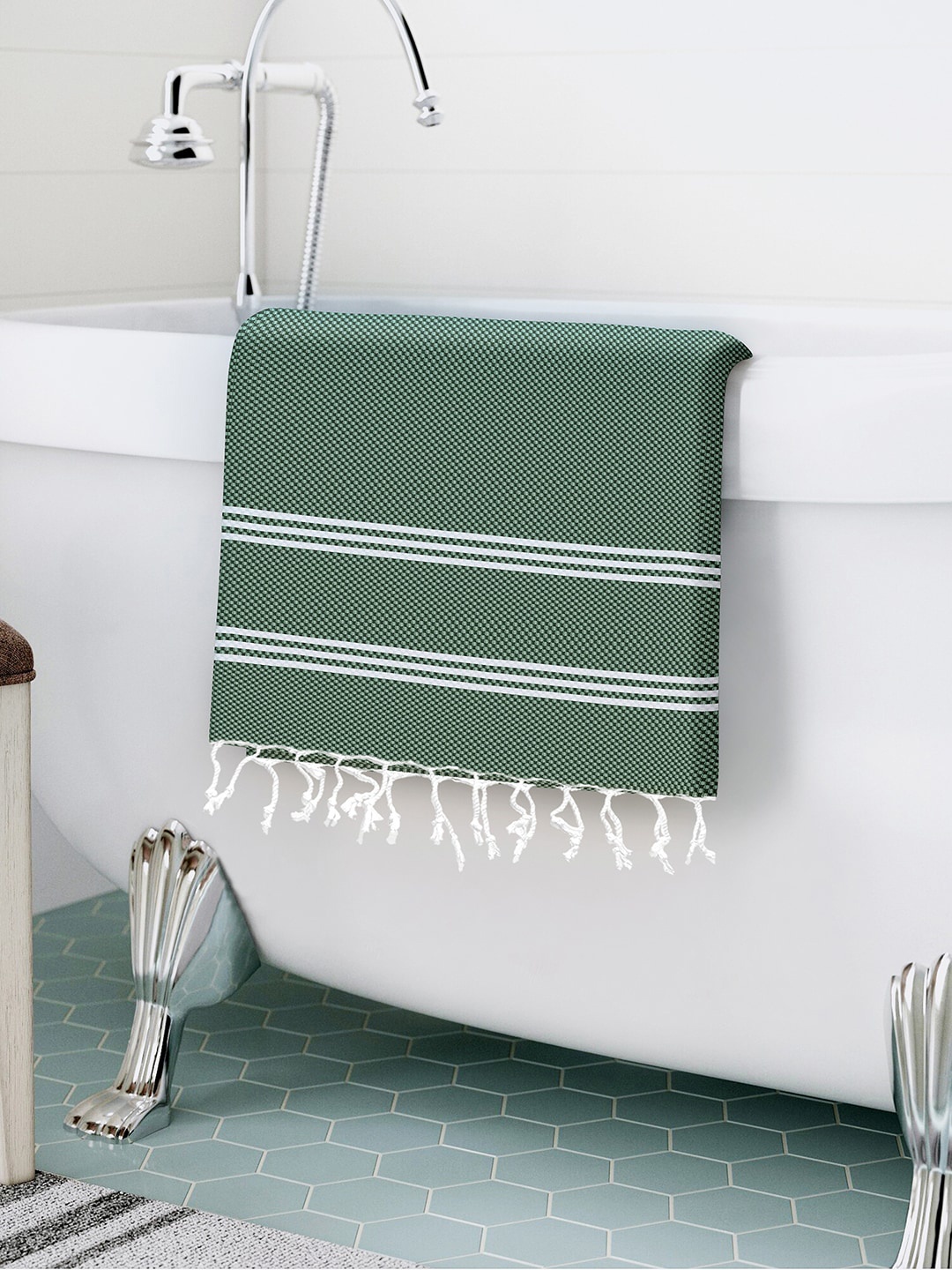 Story@home Green & White Printed Pure Cotton 200 GSM Bath Towel