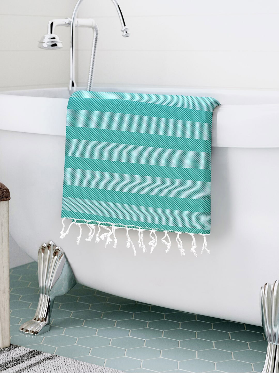 

Story@home Teal-Blue & White Striped Pure Cotton 200 TC Bath Towel