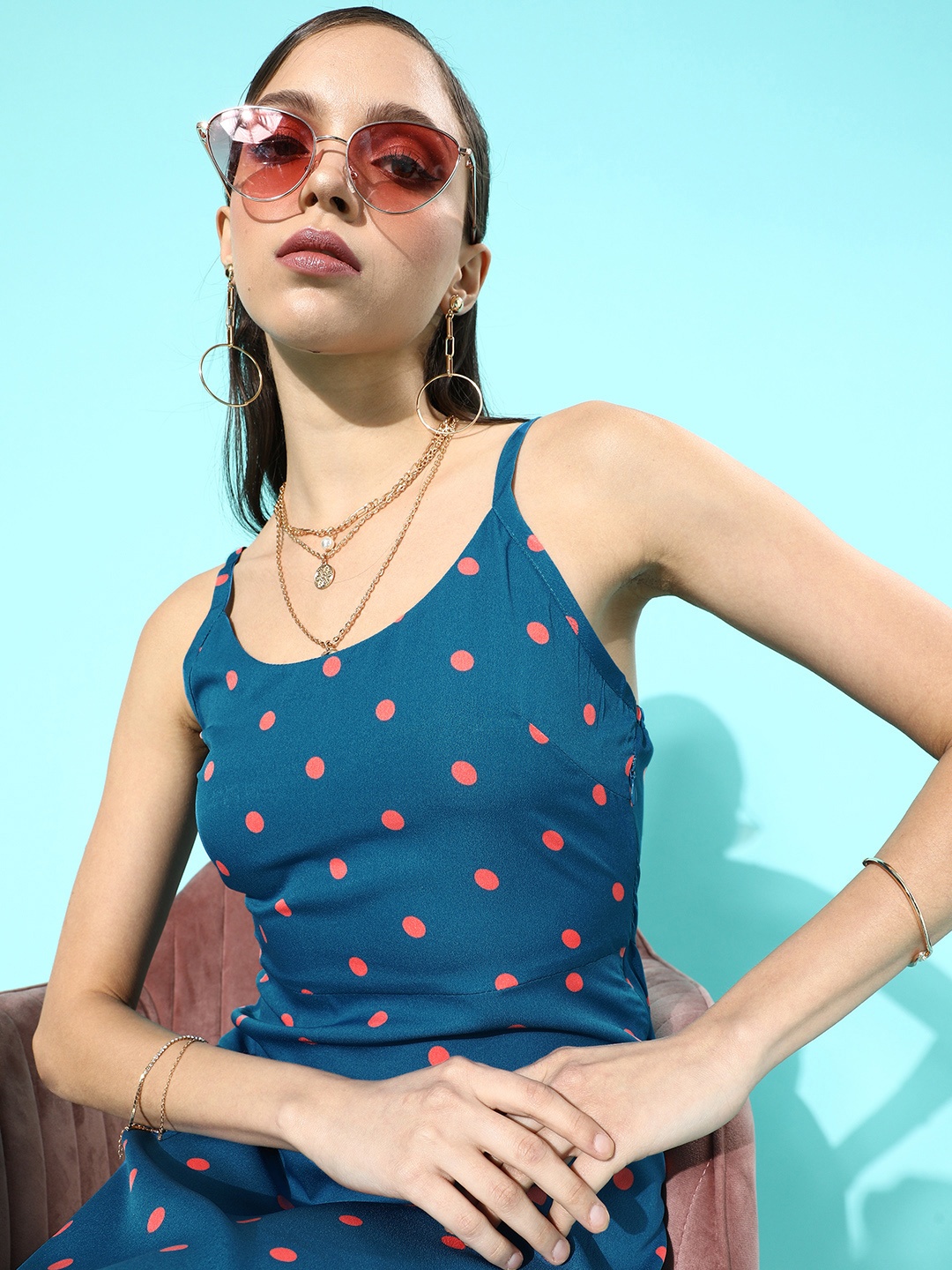 

DressBerry Women Stunning Blue Polka-Dotted Noughties Spaghetti Dress