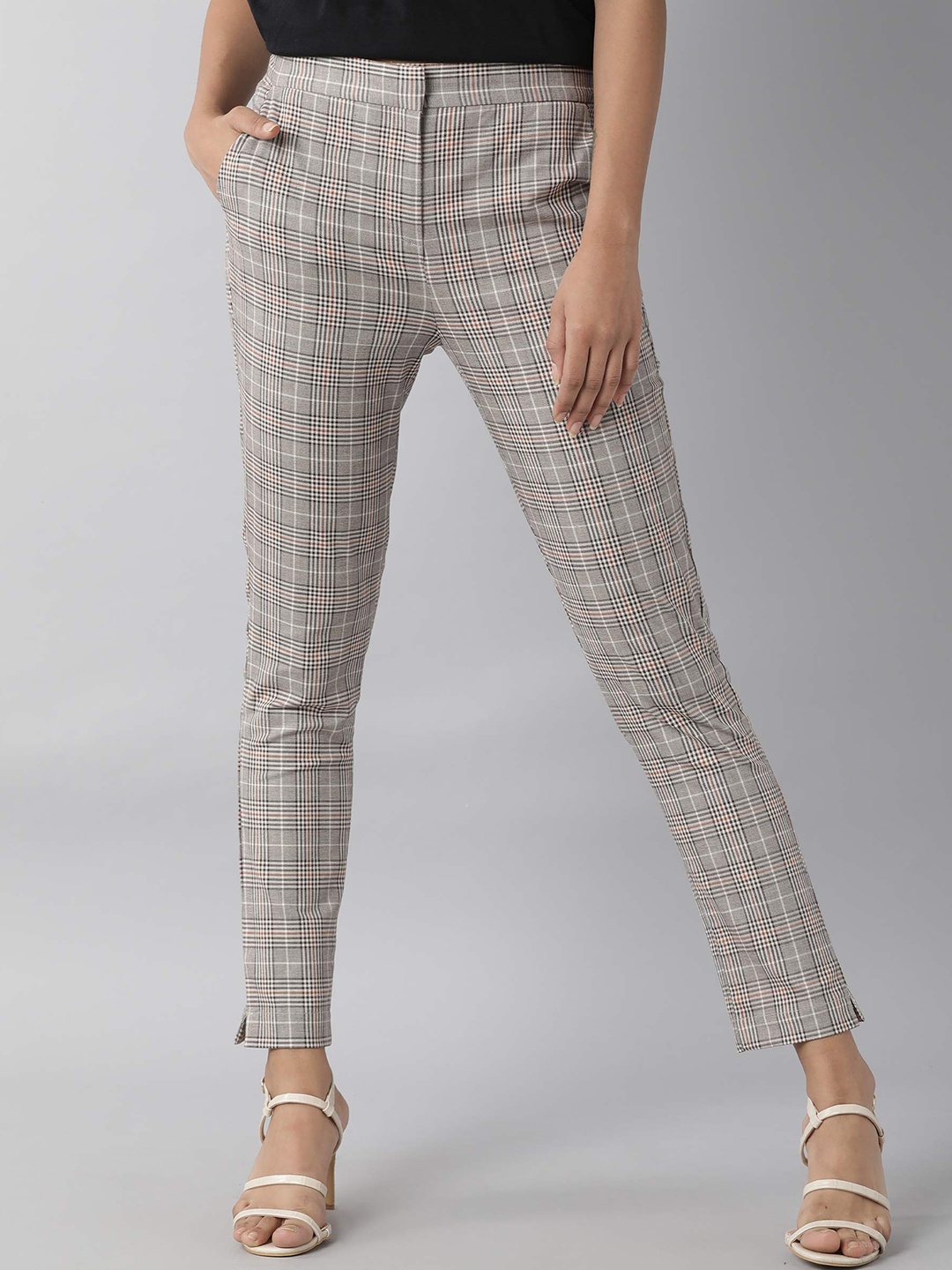 

RAREISM Women Beige Checked Slim Fit Trousers