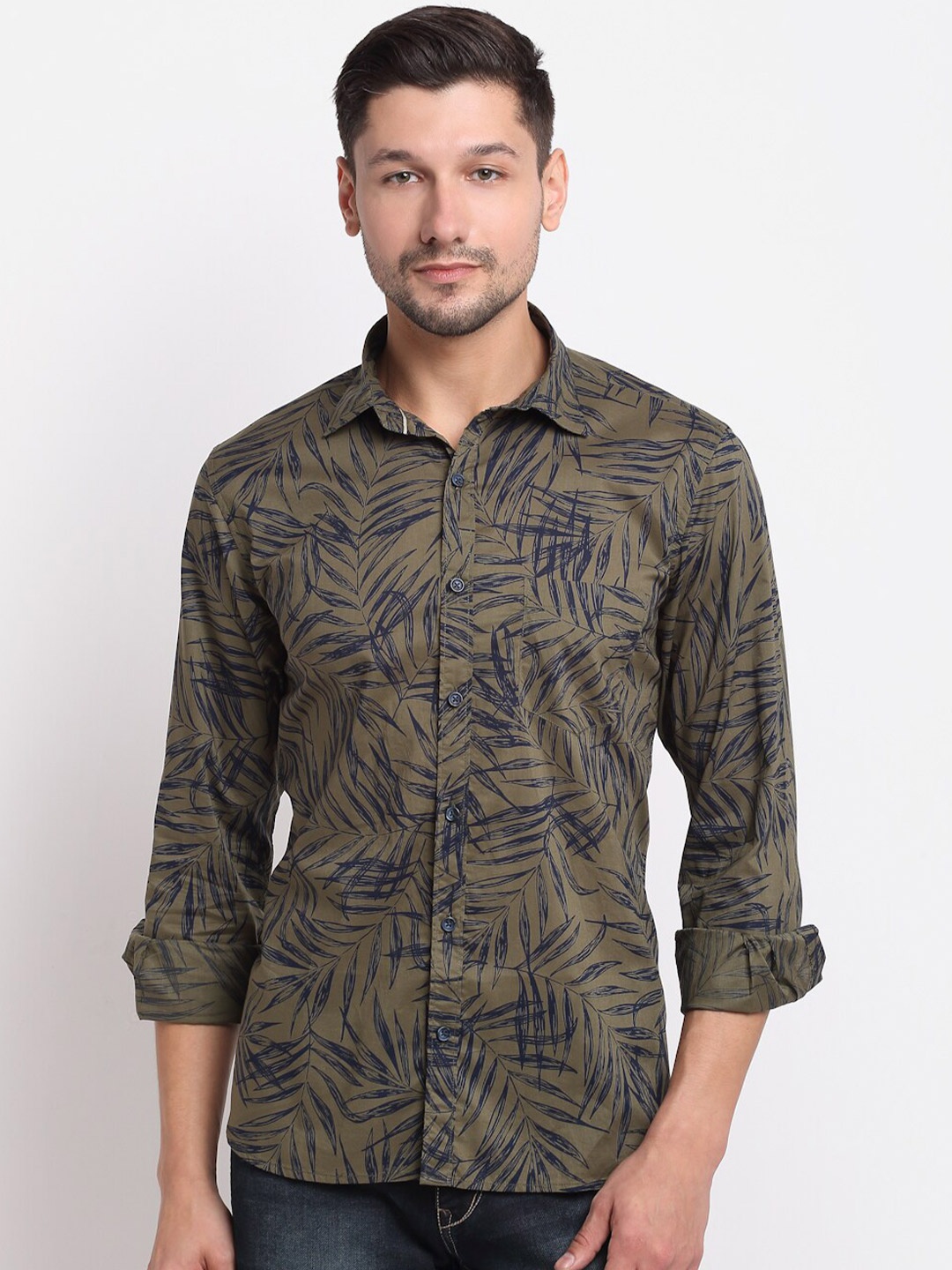 

Cantabil Men Olive Green Opaque Printed Casual Shirt