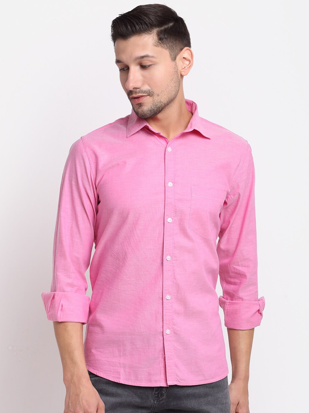 

Cantabil Men Pink Solid Opaque Pure Cotton Casual Shirt