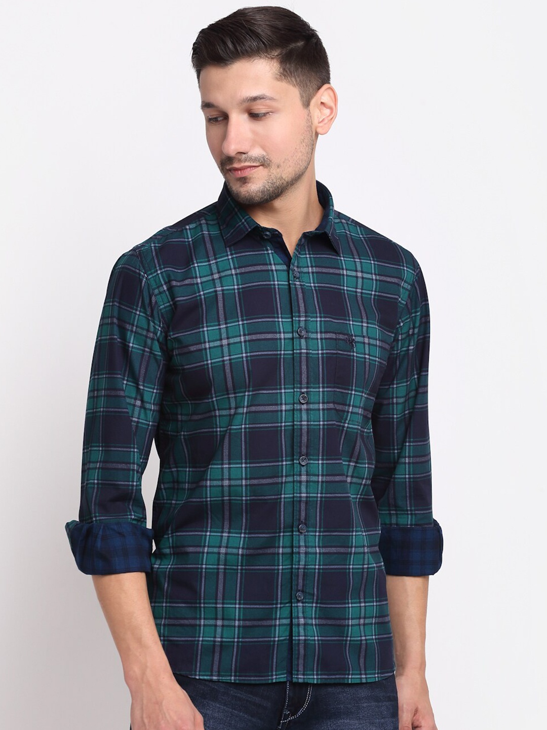 

Cantabil Men Green & Navy Blue Opaque Checked Pure Cotton Casual Shirt