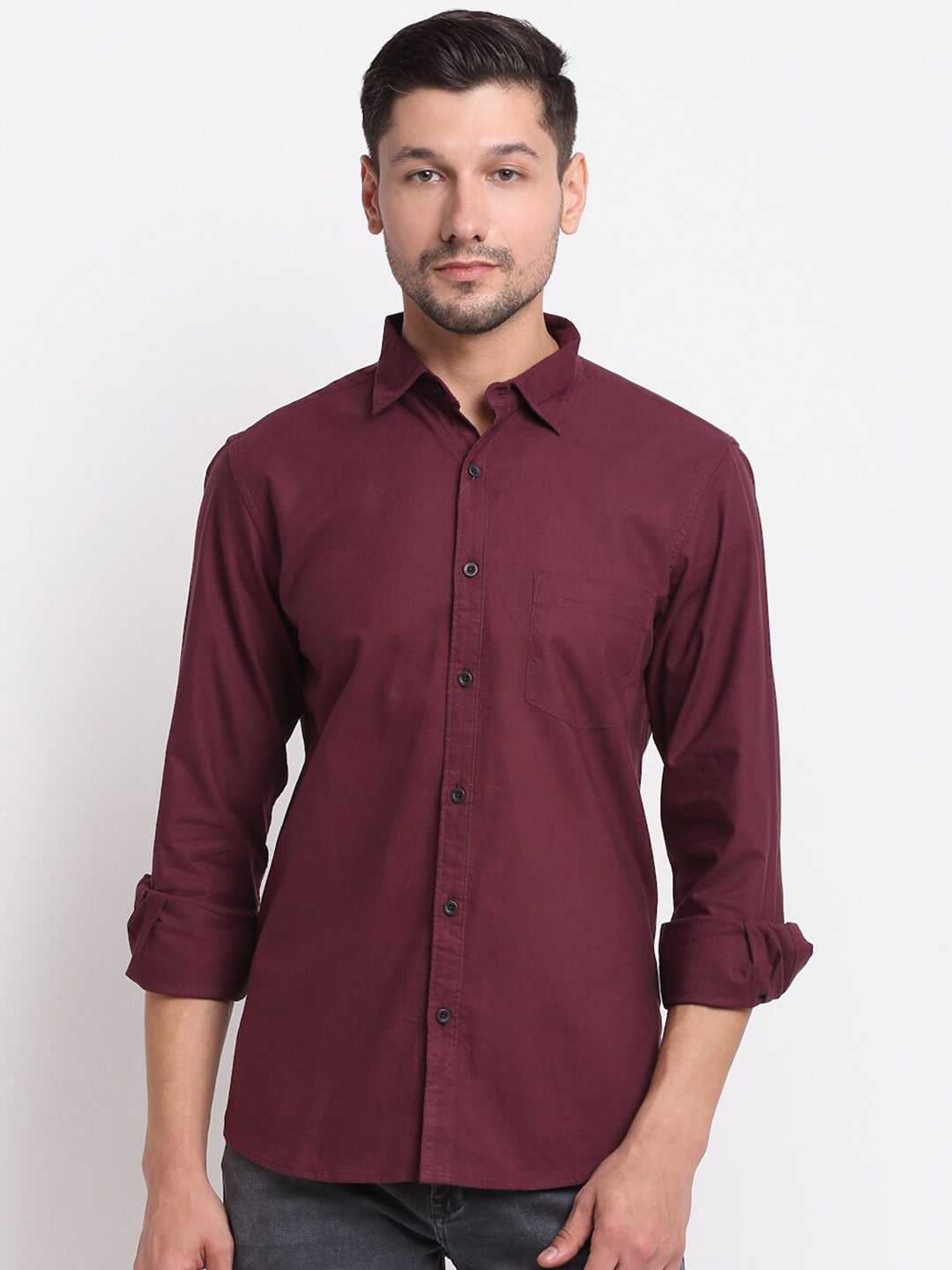 

Cantabil Men Maroon Opaque Casual Cotton Shirt