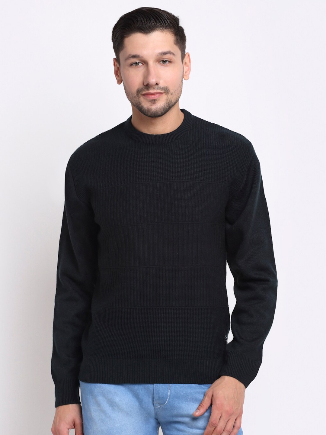 

Cantabil Men Charcoal Grey Ribbed Pure Woolen Pullover Sweater