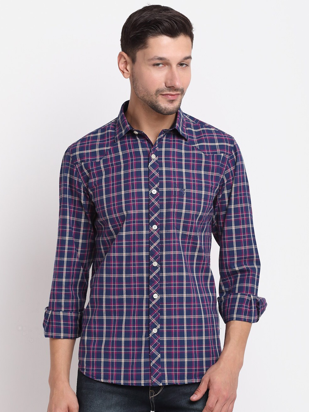 

Cantabil Men Navy Blue Opaque Checked Casual Shirt